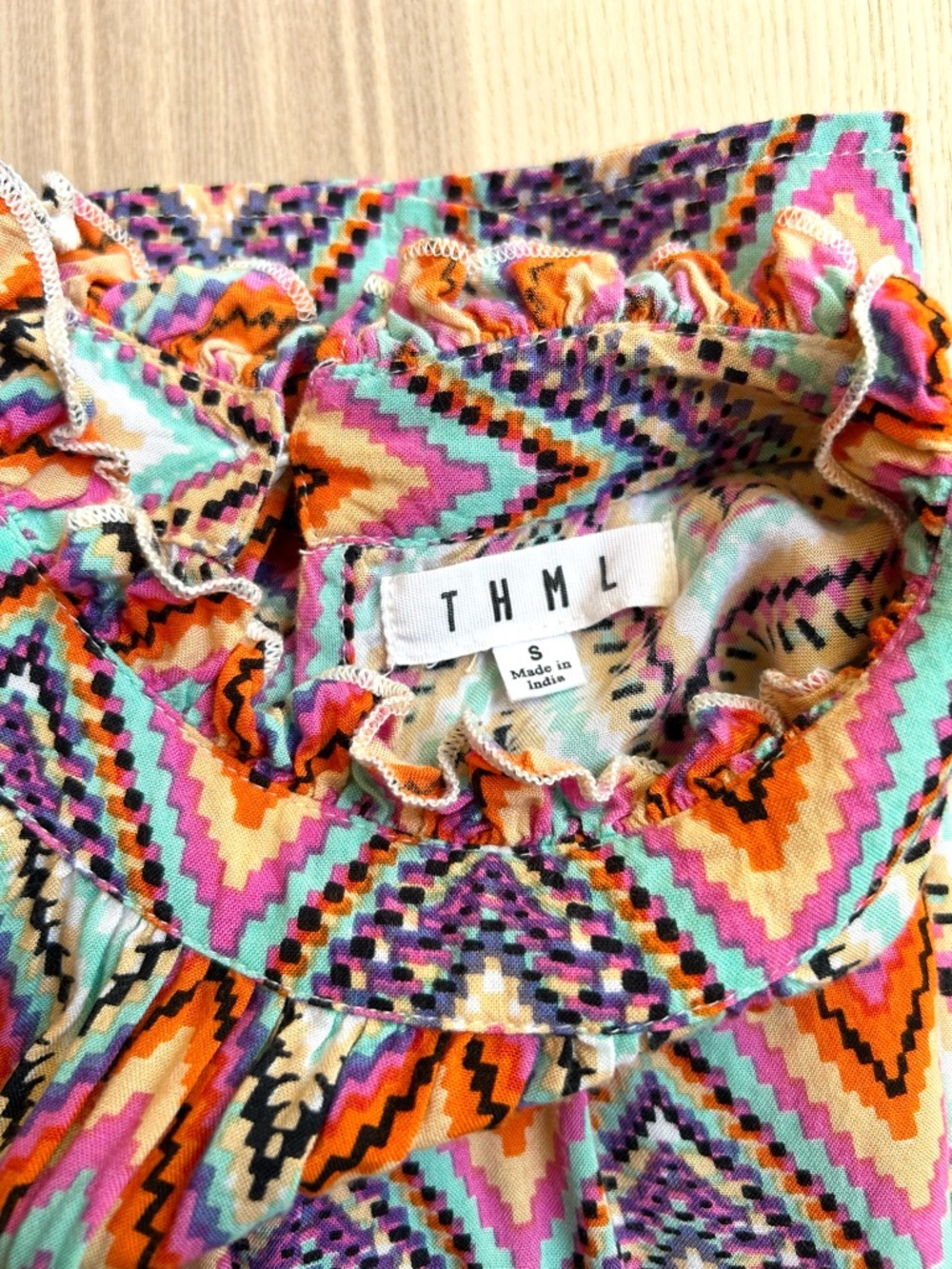 THML Aztec Tribal Print Flutter Sleeve Blouse Cottagecore Romantic Boho Size S - Picture 4 of 5